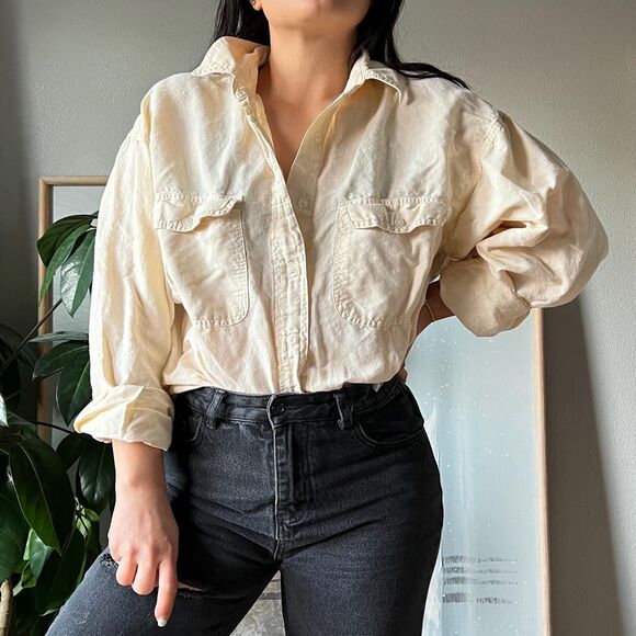 Vtg 90s minimlist button down blouse cotton ramie Oversized Long Sleeve Medium - Picture 5 of 10